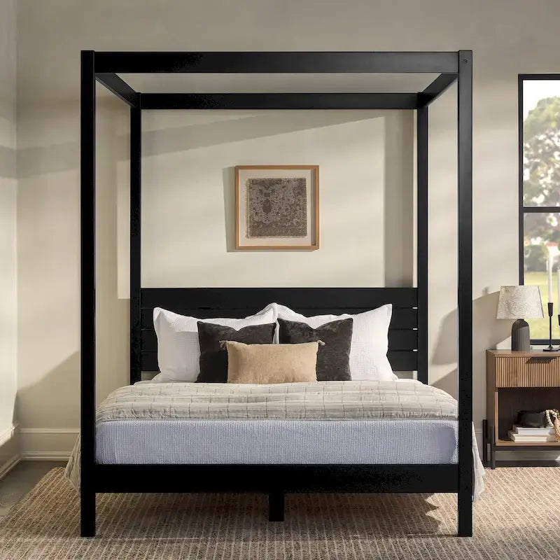 Cama Queen con dosel minimalista de pino negro/natural, 2 personas