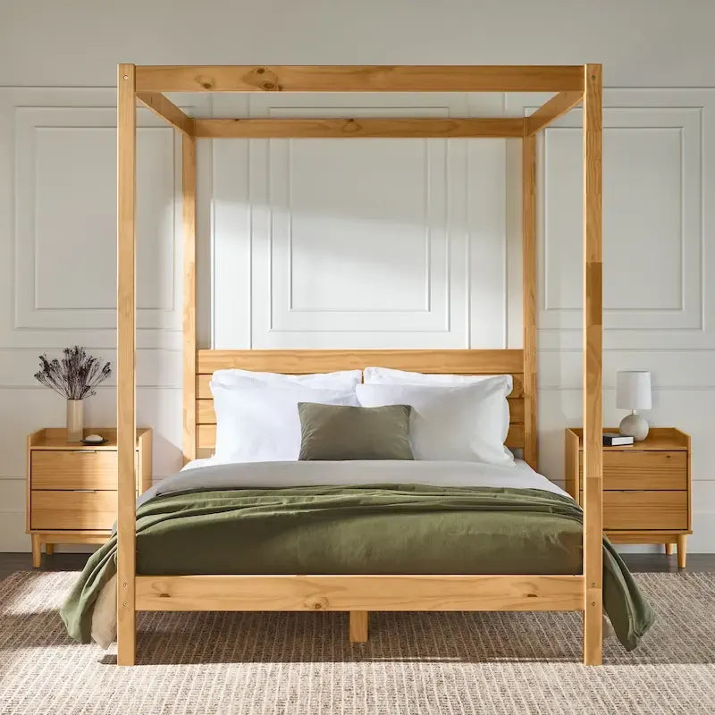 Cama Queen con dosel minimalista de pino negro/natural, 2 personas