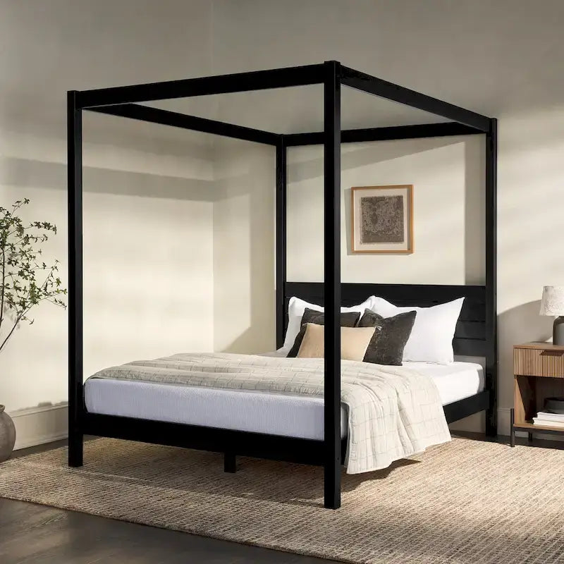 Cama Queen con dosel minimalista de pino negro/natural, 2 personas