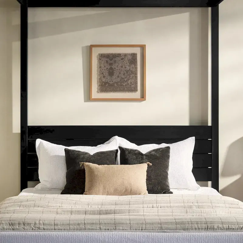 Cama Queen con dosel minimalista de pino negro/natural, 2 personas