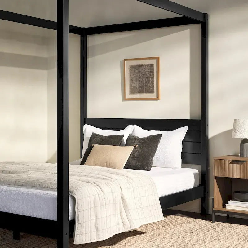 Cama Queen con dosel minimalista de pino negro/natural, 2 personas
