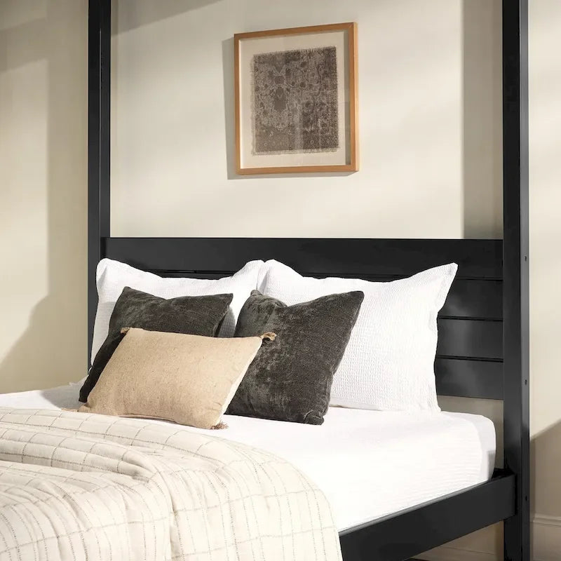 Cama Queen con dosel minimalista de pino negro/natural, 2 personas