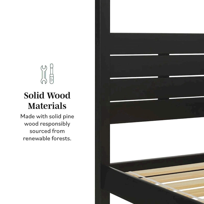 Cama Queen con dosel minimalista de pino negro/natural, 2 personas