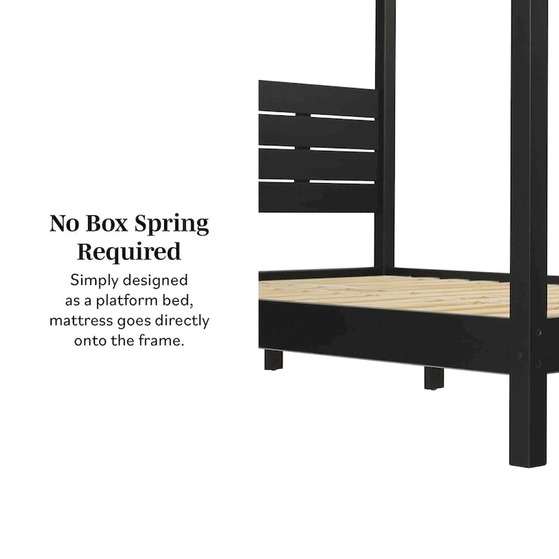 Cama Queen con dosel minimalista de pino negro/natural, 2 personas