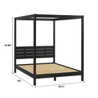 Cama Queen con dosel minimalista de pino negro/natural, 2 personas