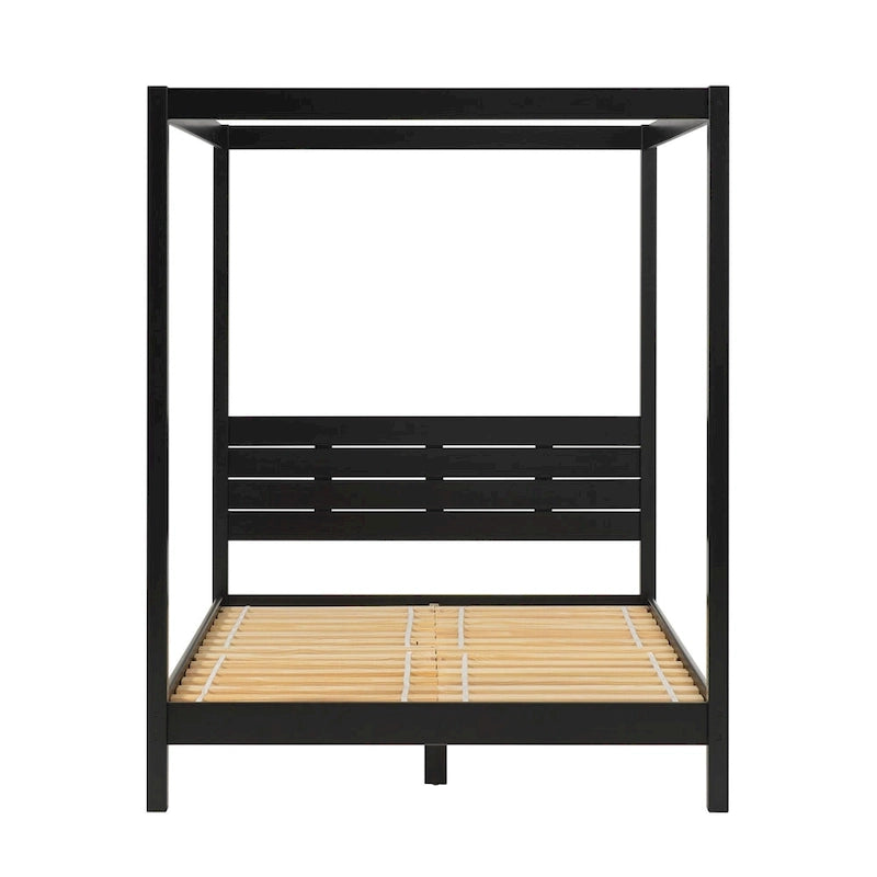 Cama Queen con dosel minimalista de pino negro/natural, 2 personas