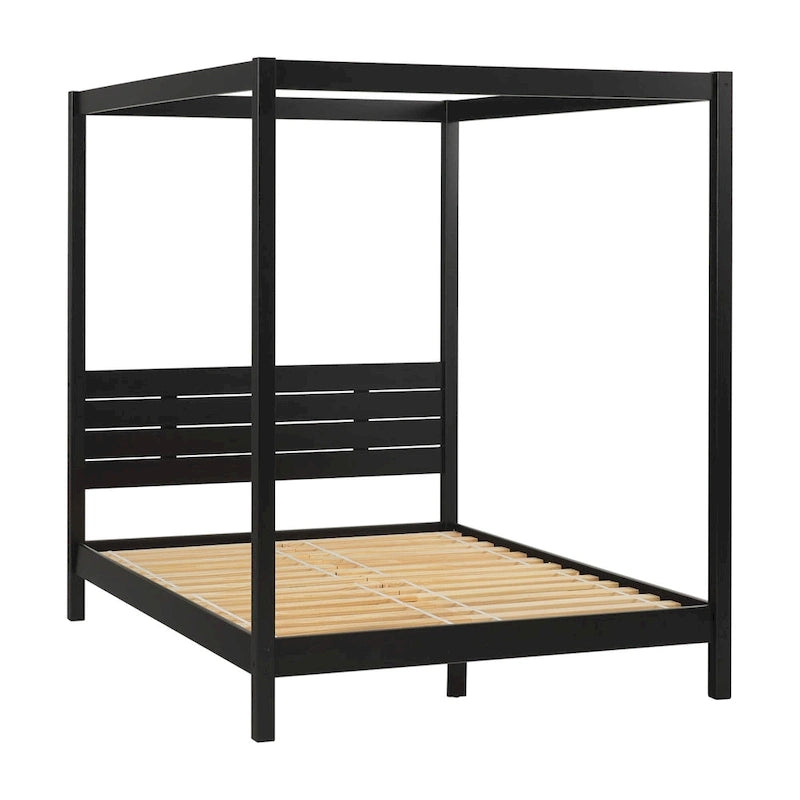 Cama Queen con dosel minimalista de pino negro/natural, 2 personas