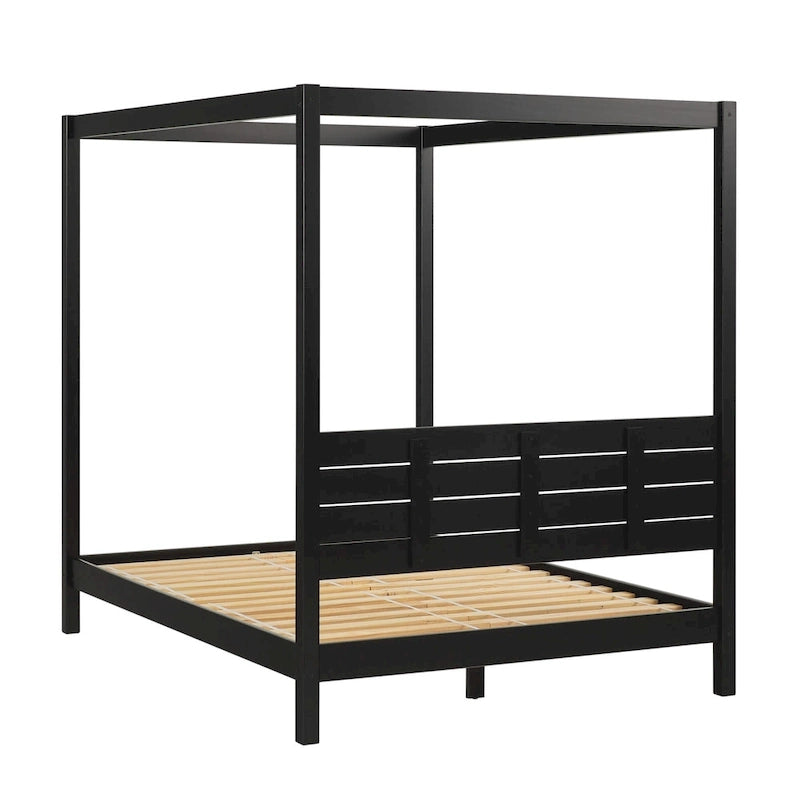 Cama Queen con dosel minimalista de pino negro/natural, 2 personas