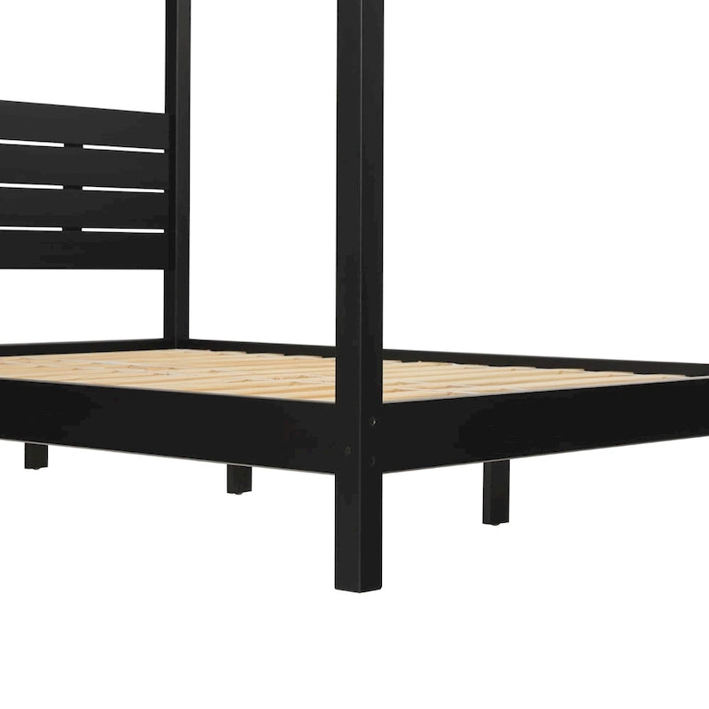 Cama Queen con dosel minimalista de pino negro/natural, 2 personas