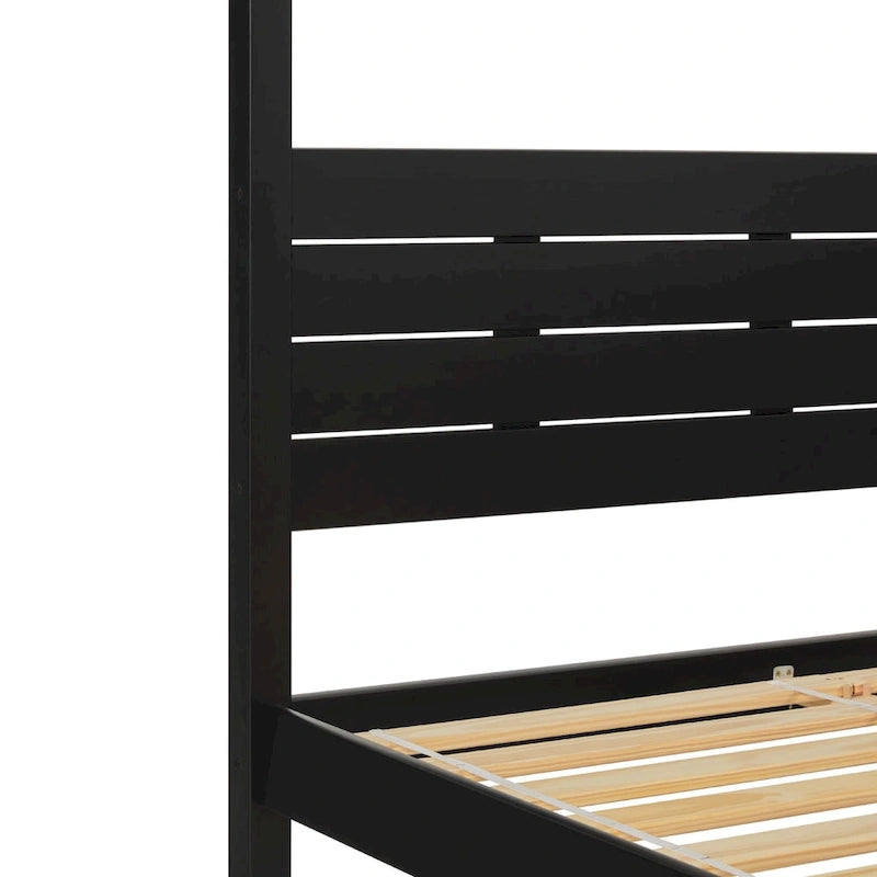 Cama Queen con dosel minimalista de pino negro/natural, 2 personas