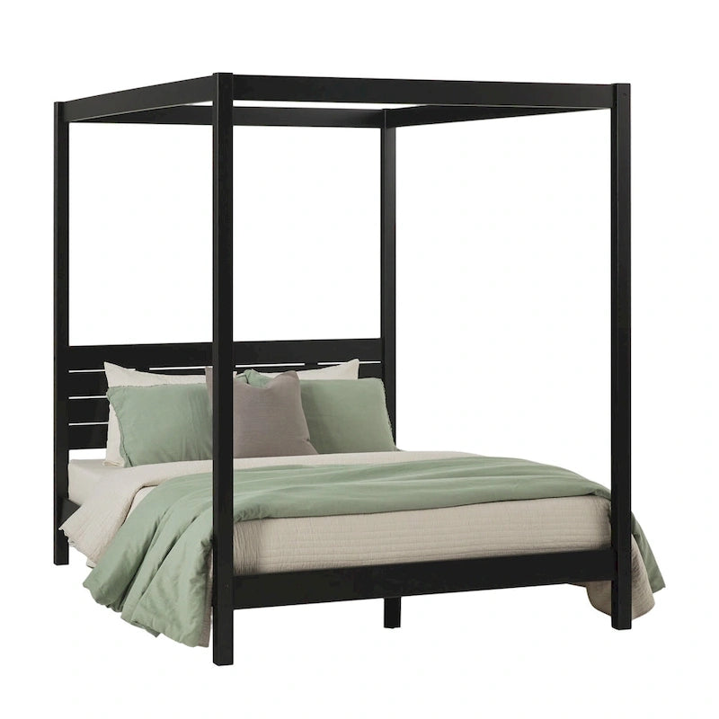 Cama Queen con dosel minimalista de pino negro/natural, 2 personas