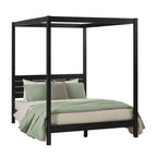 Cama Queen con dosel minimalista de pino negro/natural, 2 personas
