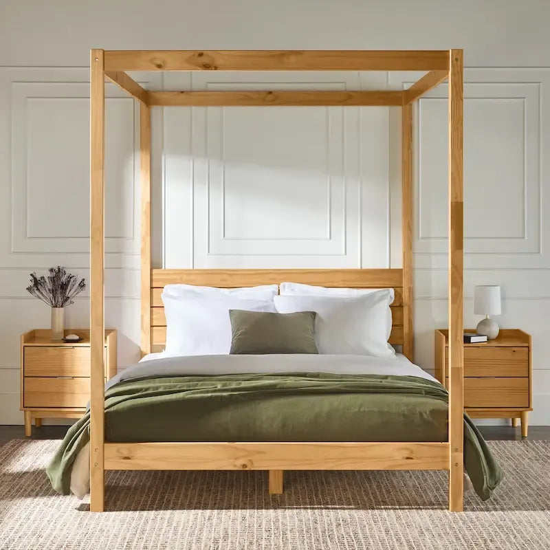 Cama Queen con dosel minimalista de pino negro/natural, 2 personas