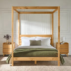 Cama Queen con dosel minimalista de pino negro/natural, 2 personas