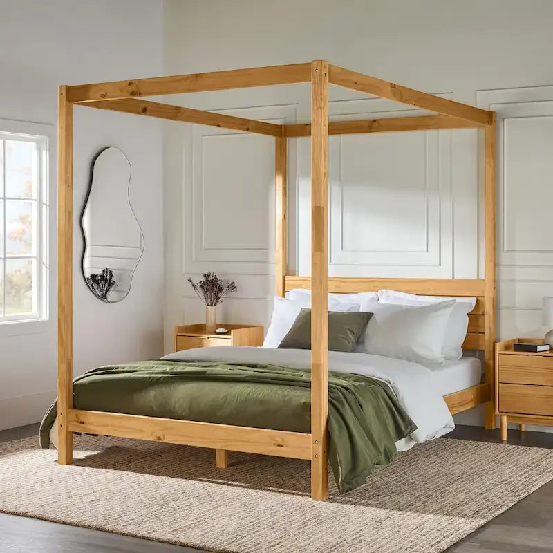 Cama Queen con dosel minimalista de pino negro/natural, 2 personas
