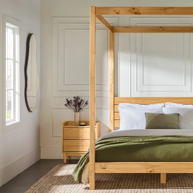 Cama Queen con dosel minimalista de pino negro/natural, 2 personas