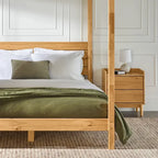 Cama Queen con dosel minimalista de pino negro/natural, 2 personas