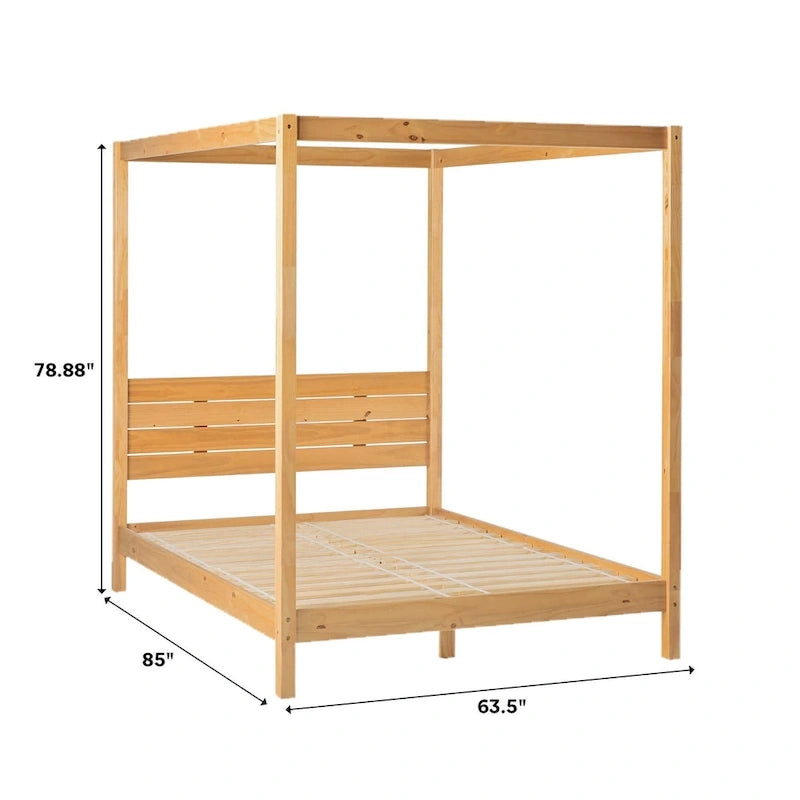 Cama Queen con dosel minimalista de pino negro/natural, 2 personas