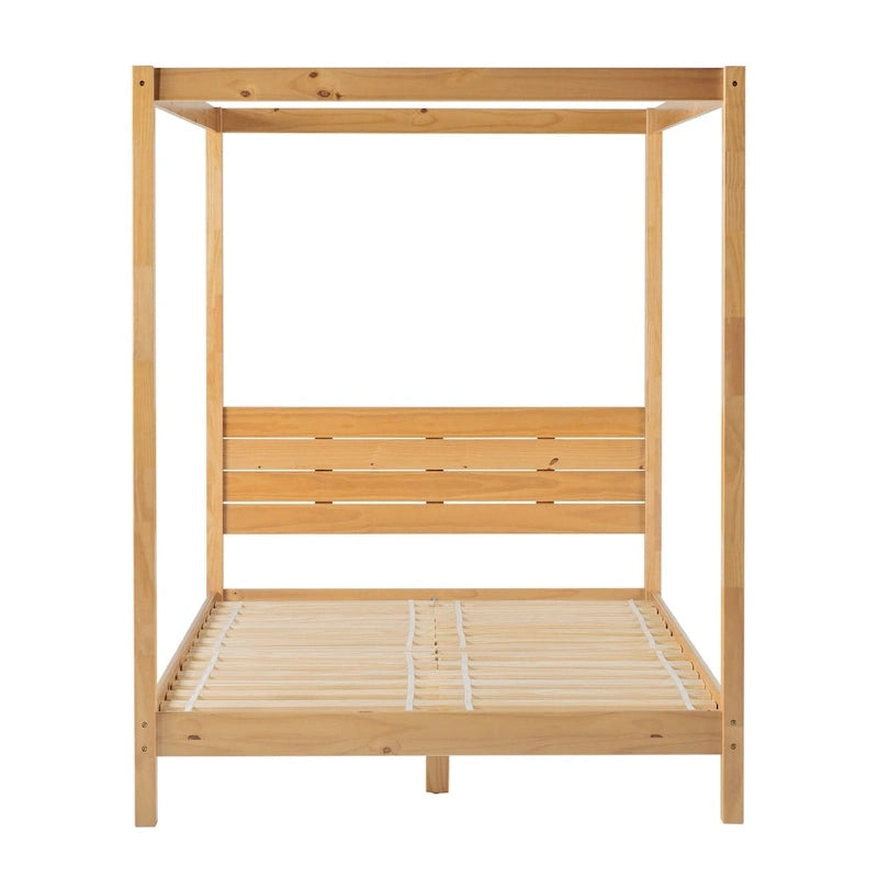 Cama Queen con dosel minimalista de pino negro/natural, 2 personas