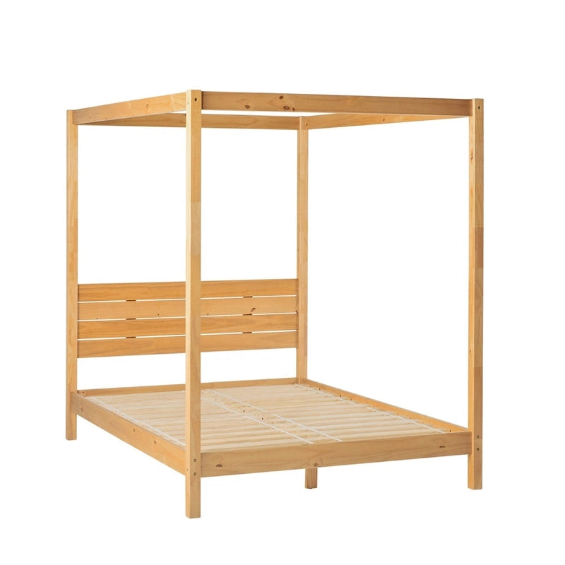 Cama Queen con dosel minimalista de pino negro/natural, 2 personas
