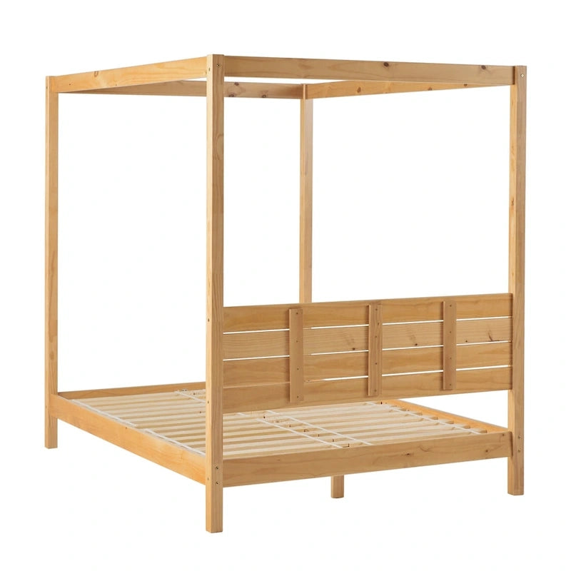 Cama Queen con dosel minimalista de pino negro/natural, 2 personas