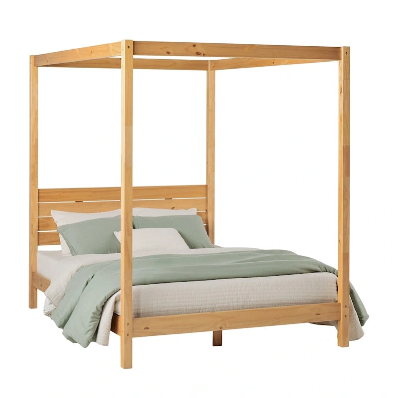 Cama Queen con dosel minimalista de pino negro/natural, 2 personas
