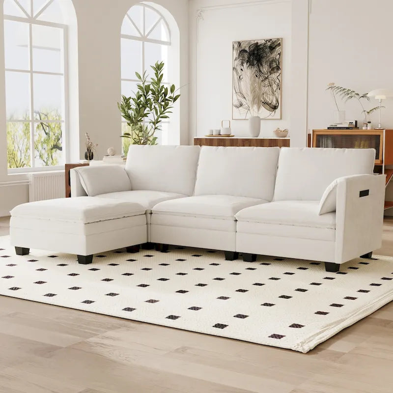 Sofá seccional de tela azul/gris/beige con otomana, 3 plazas