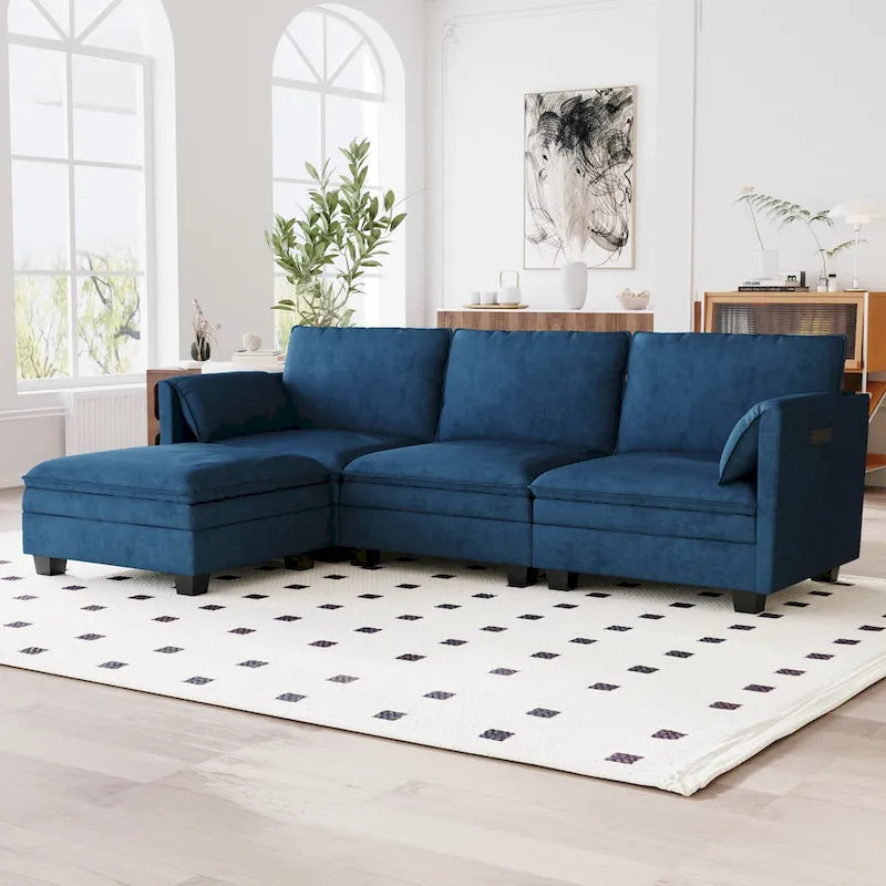 Sofá seccional de tela azul/gris/beige con otomana, 3 plazas