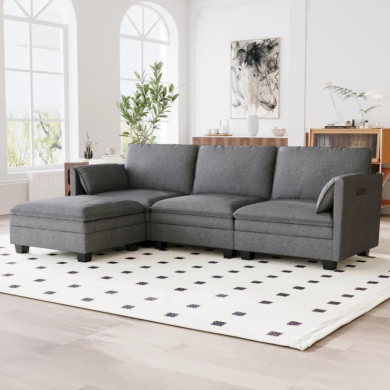 Sofá seccional de tela azul/gris/beige con otomana, 3 plazas