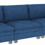Sofá seccional de tela azul/gris/beige con otomana, 3 plazas