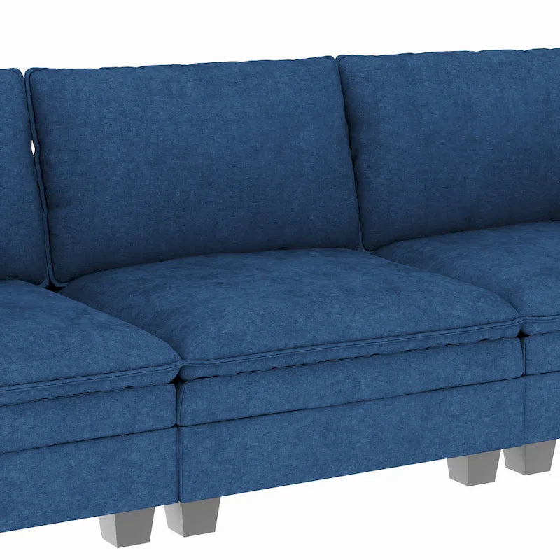 Sofá seccional de tela azul/gris/beige con otomana, 3 plazas