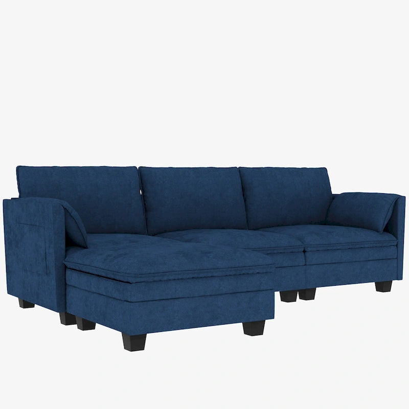 Sofá seccional de tela azul/gris/beige con otomana, 3 plazas