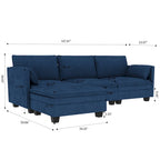 Sofá seccional de tela azul/gris/beige con otomana, 3 plazas