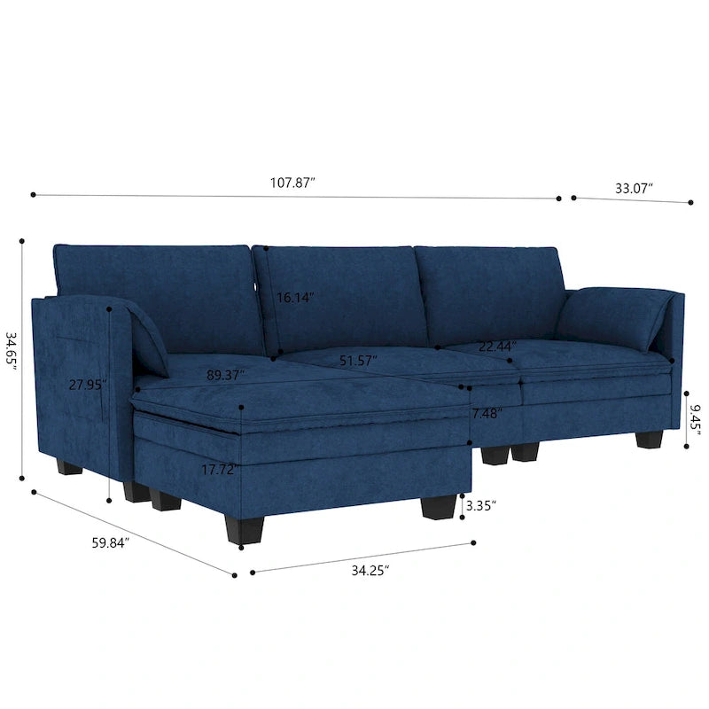Sofá seccional de tela azul/gris/beige con otomana, 3 plazas