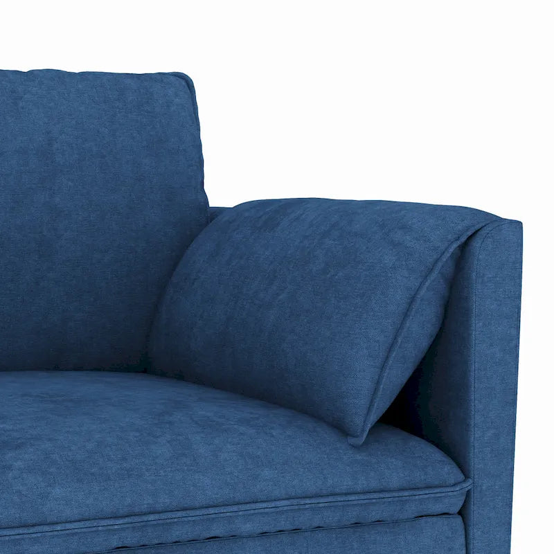 Sofá seccional de tela azul/gris/beige con otomana, 3 plazas