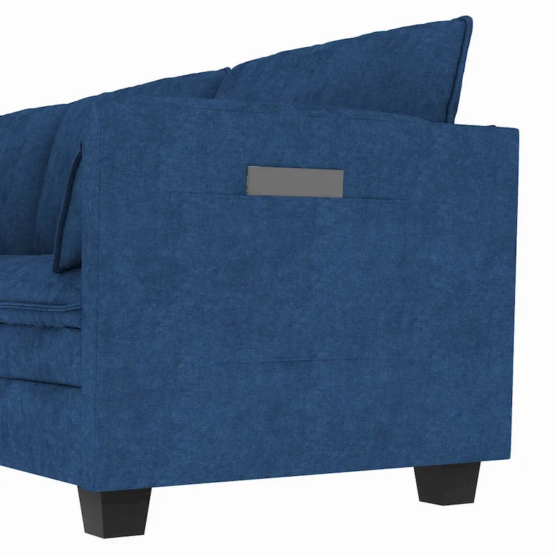 Sofá seccional de tela azul/gris/beige con otomana, 3 plazas