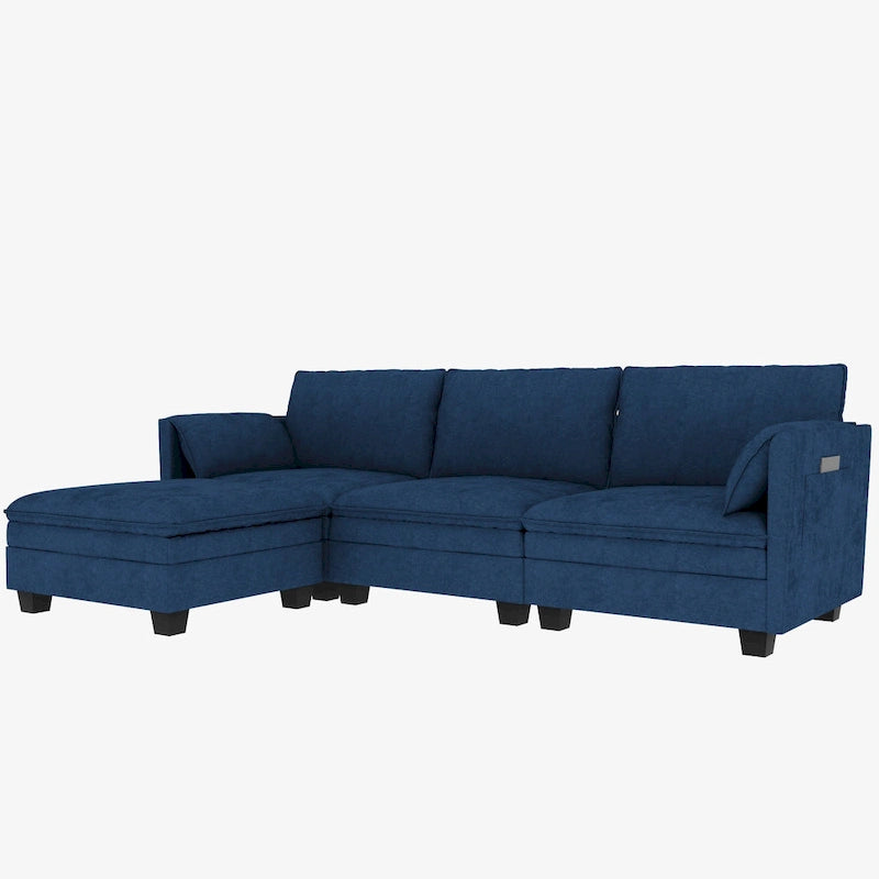 Sofá seccional de tela azul/gris/beige con otomana, 3 plazas