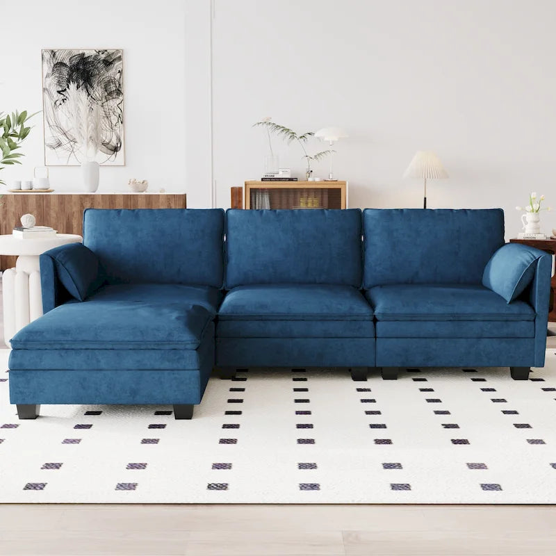 Sofá seccional de tela azul/gris/beige con otomana, 3 plazas