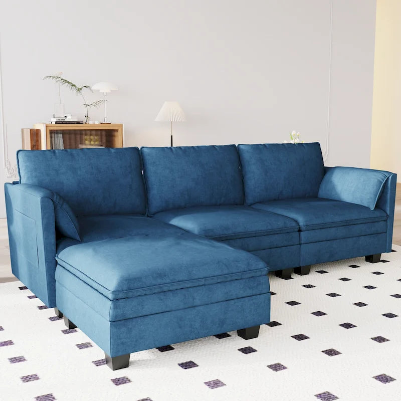 Sofá seccional de tela azul/gris/beige con otomana, 3 plazas