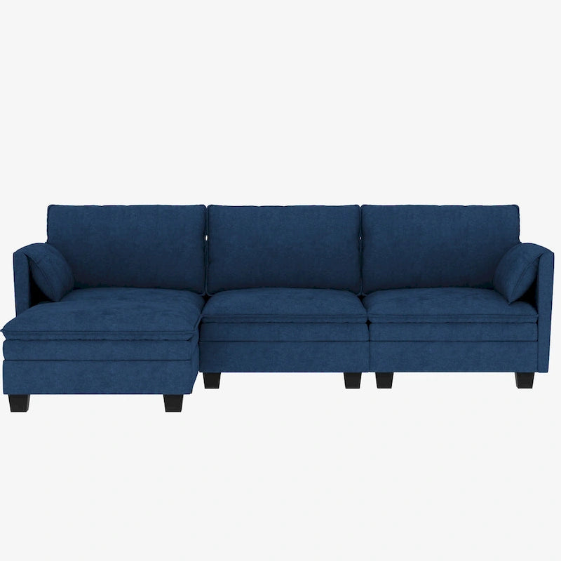 Sofá seccional de tela azul/gris/beige con otomana, 3 plazas