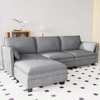 Sofá seccional de tela azul/gris/beige con otomana, 3 plazas