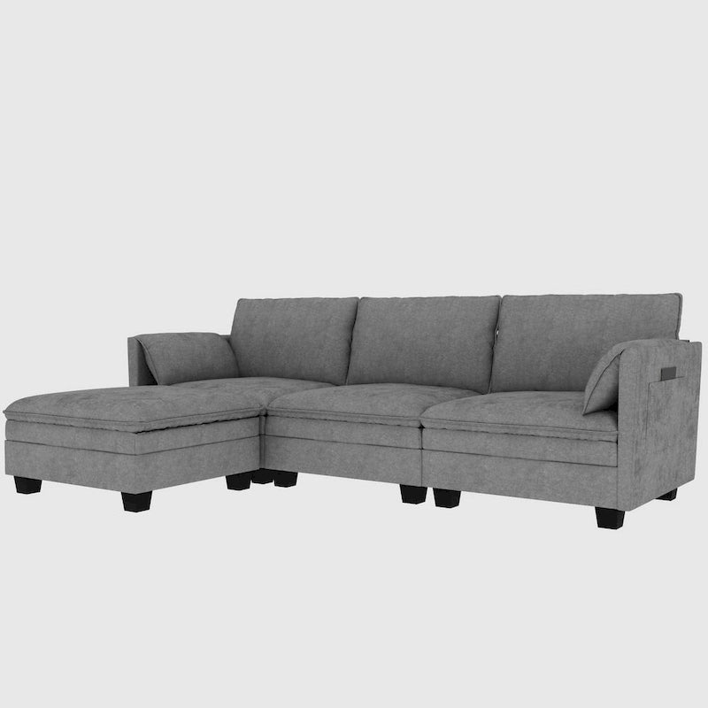 Sofá seccional de tela azul/gris/beige con otomana, 3 plazas