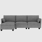 Sofá seccional de tela azul/gris/beige con otomana, 3 plazas