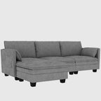 Sofá seccional de tela azul/gris/beige con otomana, 3 plazas