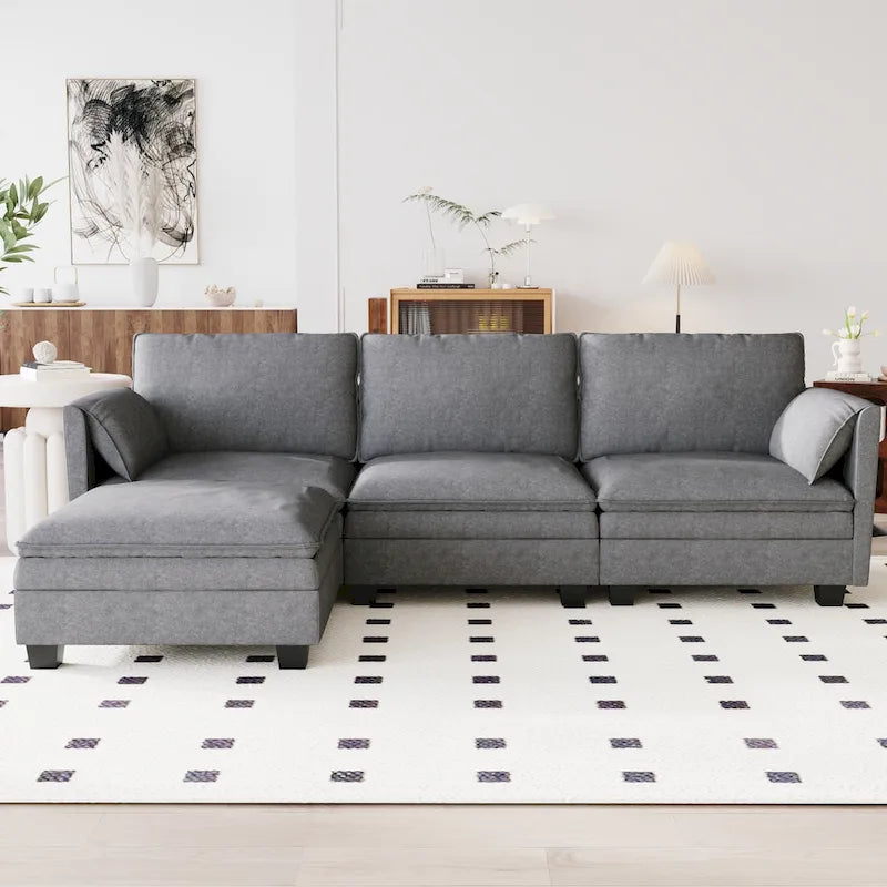 Sofá seccional de tela azul/gris/beige con otomana, 3 plazas