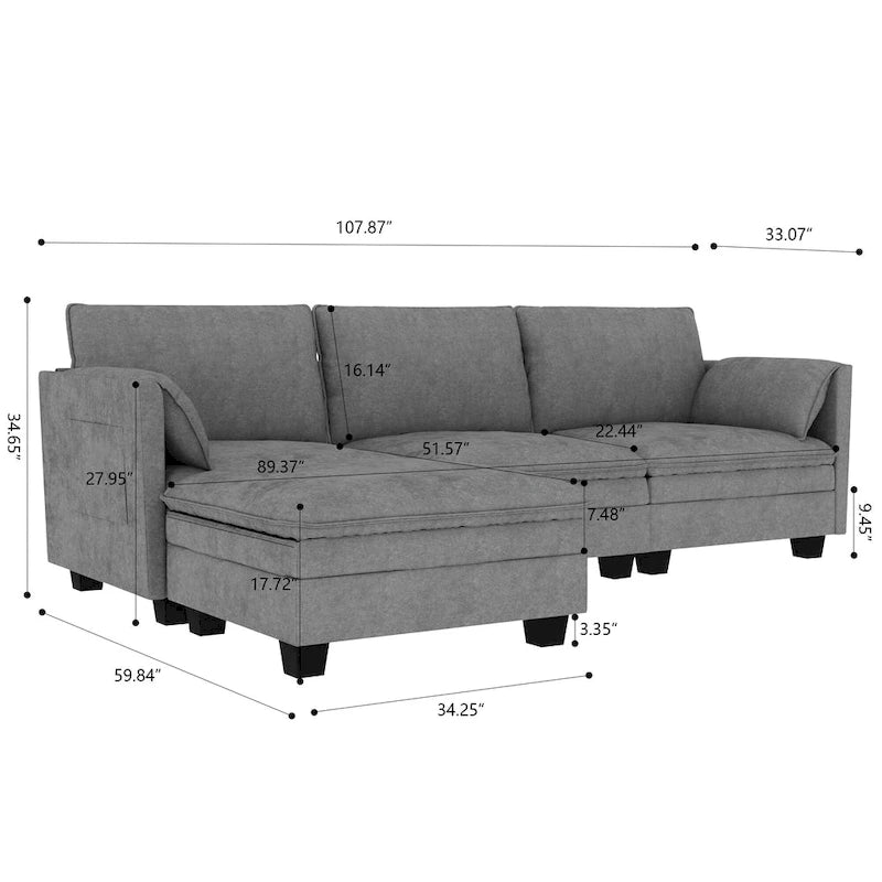 Sofá seccional de tela azul/gris/beige con otomana, 3 plazas