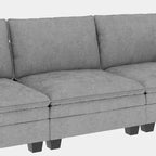 Sofá seccional de tela azul/gris/beige con otomana, 3 plazas