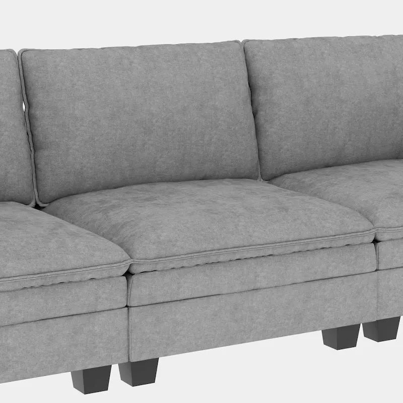 Sofá seccional de tela azul/gris/beige con otomana, 3 plazas