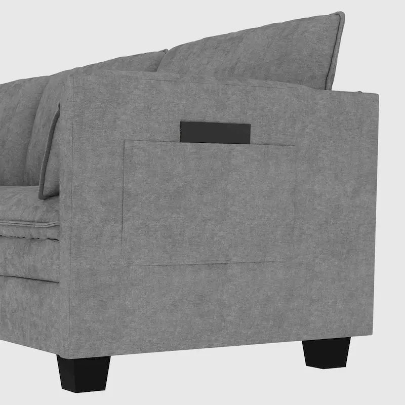 Sofá seccional de tela azul/gris/beige con otomana, 3 plazas