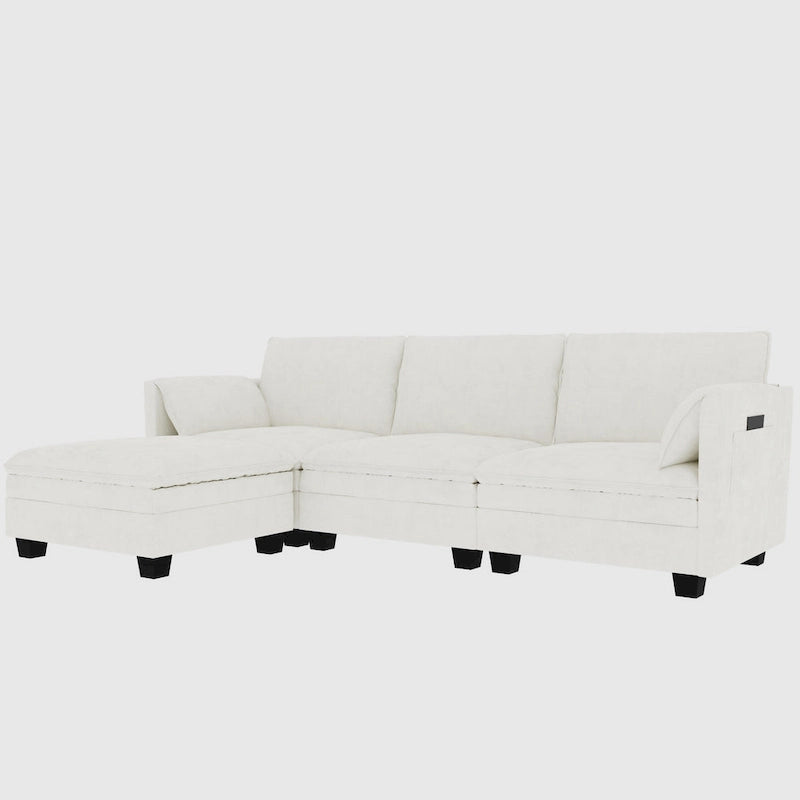 Sofá seccional de tela azul/gris/beige con otomana, 3 plazas